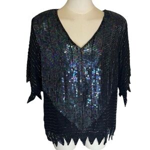 SILK-N-SEQUIN Vintage 1970 Disco Flapper Black Silk Cocktail Party Size L XL Top